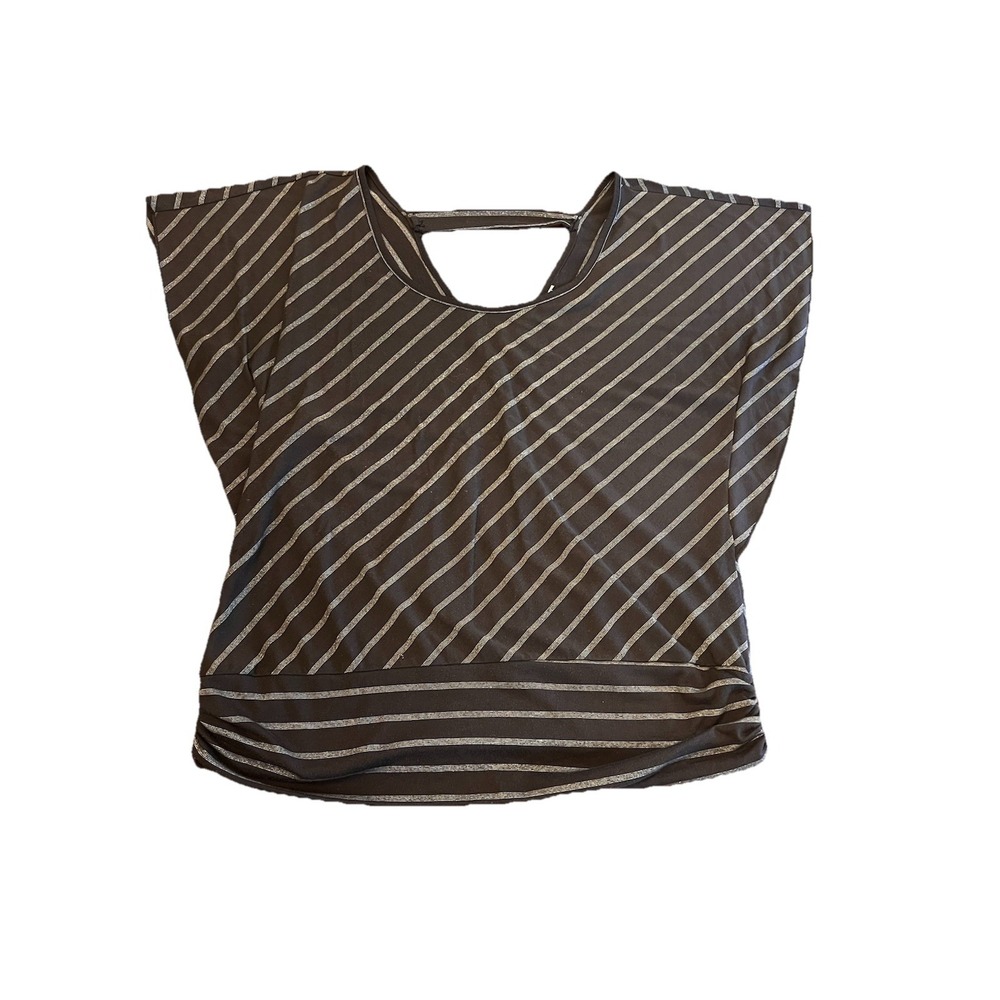 Knit Top Band Hem Boat Neck Cap Sleeve Black Silver Tie Back Whimsigoth Women L